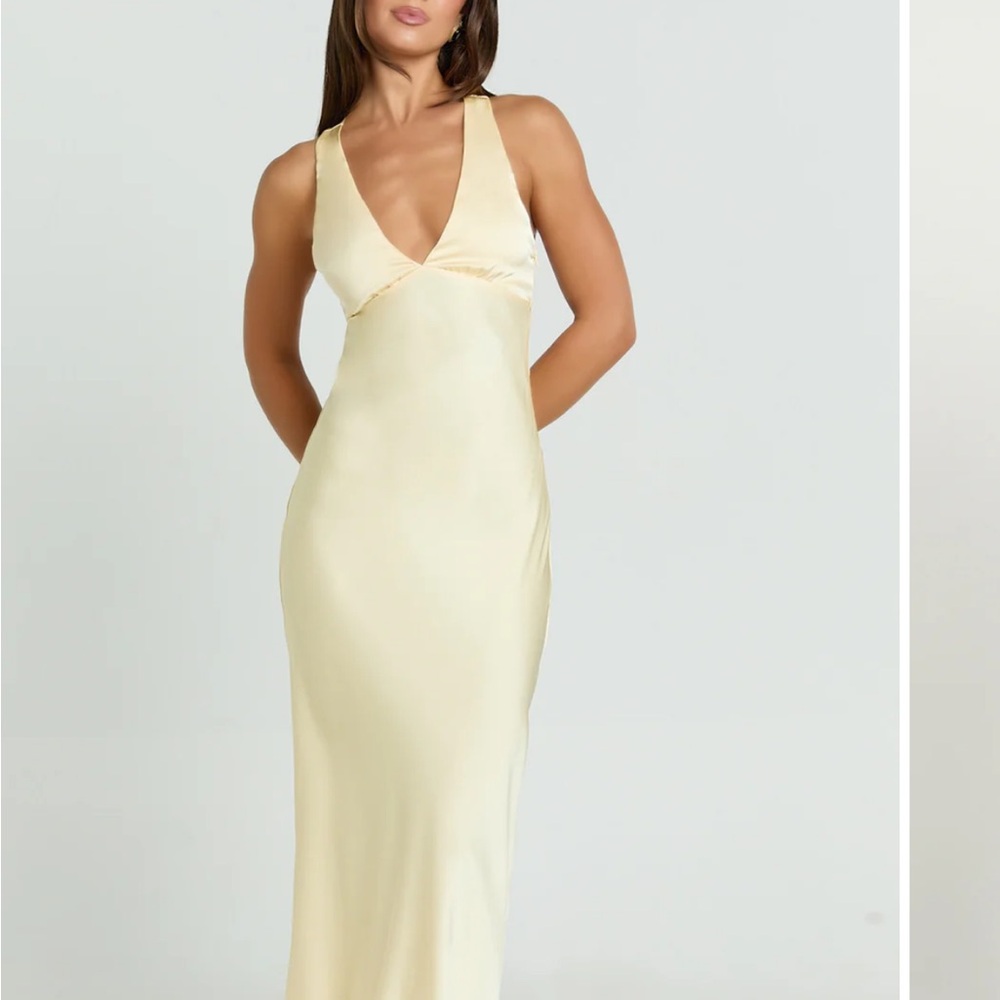 KHALANI MIDI DRESS
Deep V Neck Satin Slip Dress in Butter Yellow